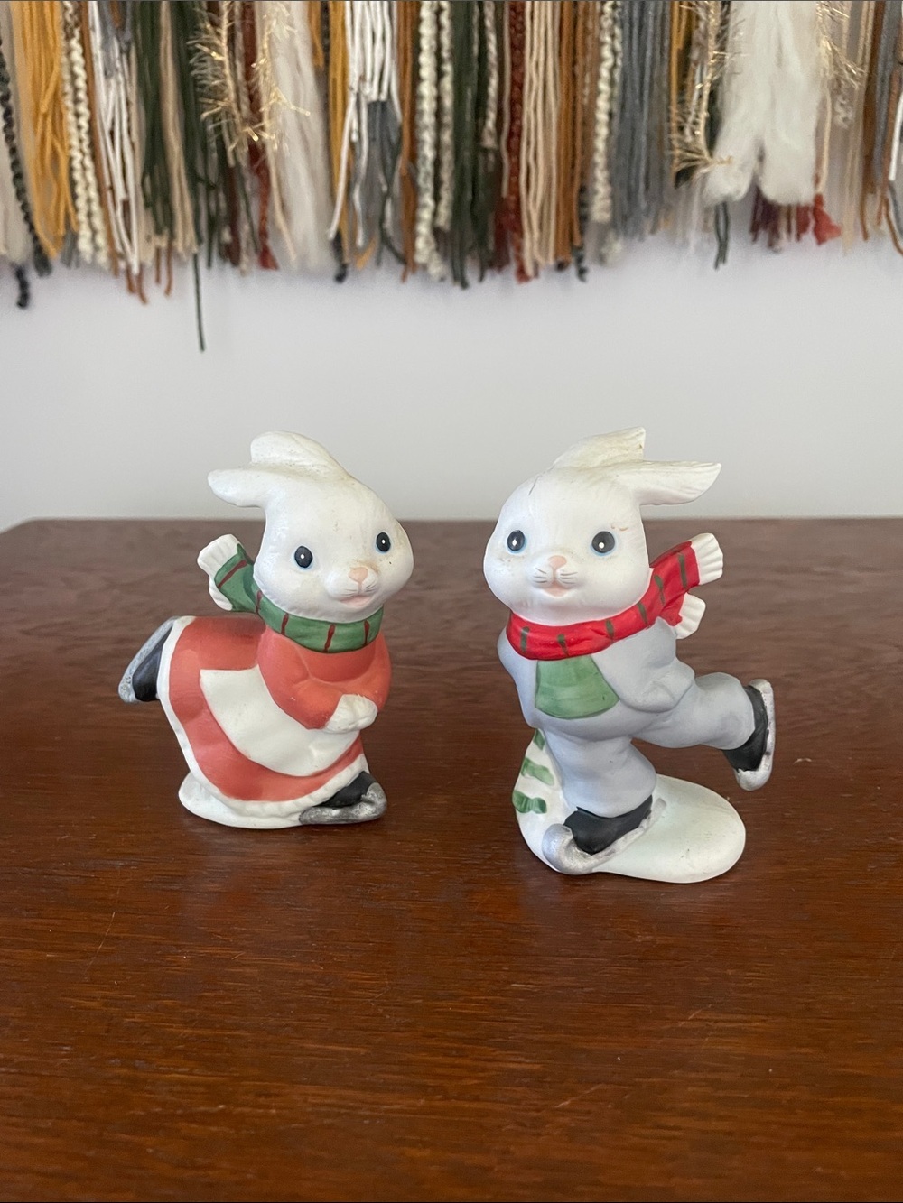Pair of White Bunny Ice Skater Figurines with Red & Green Scarves